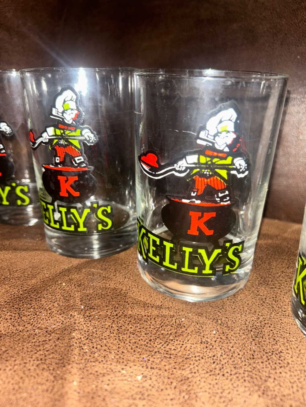 Vintage (5) Kelly's Chilli Liqueur Glass Promo-Rare Decor Leprechaun Prop set